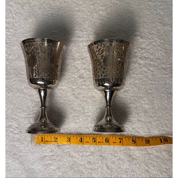 WORLD GIFT ZY INDIA Silver Plated Brass With Etched Design Set Of 2 Goblets - Picture 13 of 14